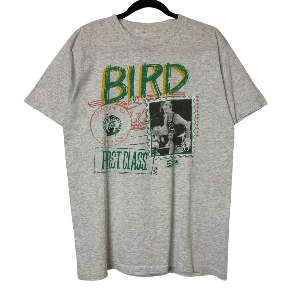 Vintage 90s Larry Bird Boston Celtics Salem First Class Stamp T-Shirt Grey Sz L